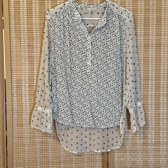 LUCKY BRAND Womens M Printed Long Sleeve Peasant Top White Floral Boho High Low - Picture 1 of 7